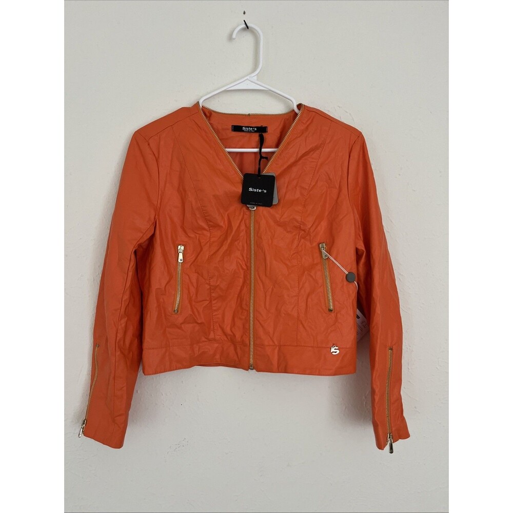 Seduce Women's Orange Cropped Bomber Jacket with Gold Zips